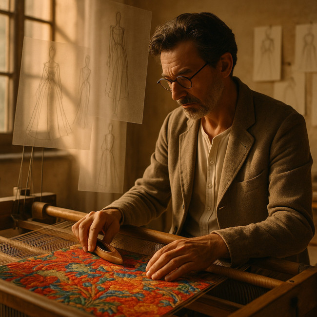 Couturier weaving story-driven jacquard in atelier