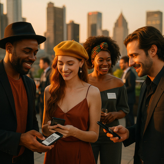 actors networking at a rooftop mixer exchanging QR codes