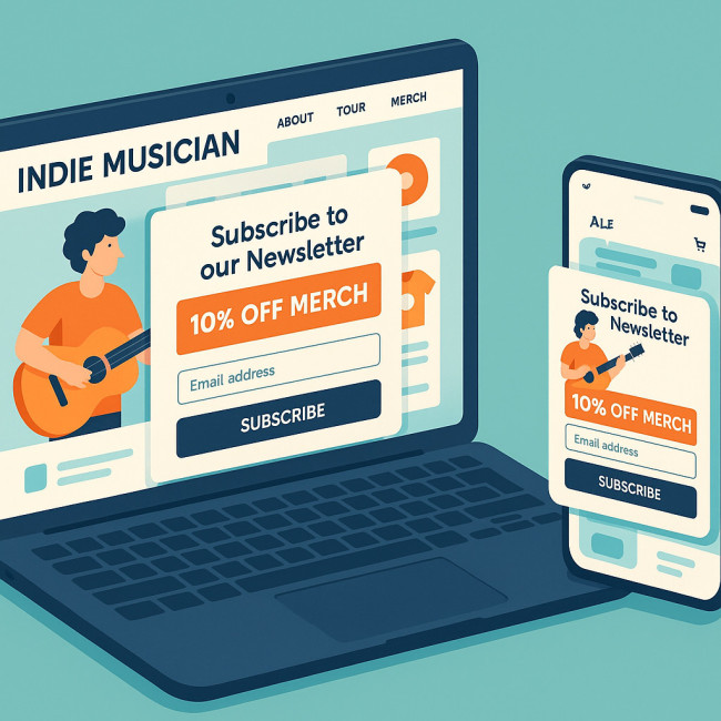 Accessible illustration of a subtle newsletter pop-up on a musician merch site