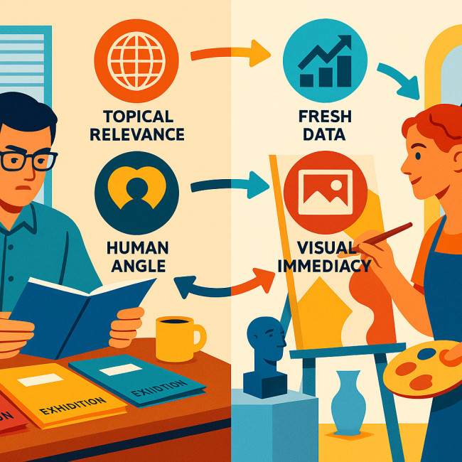 Illustration showing journalist and artist with four newsworthiness pillars