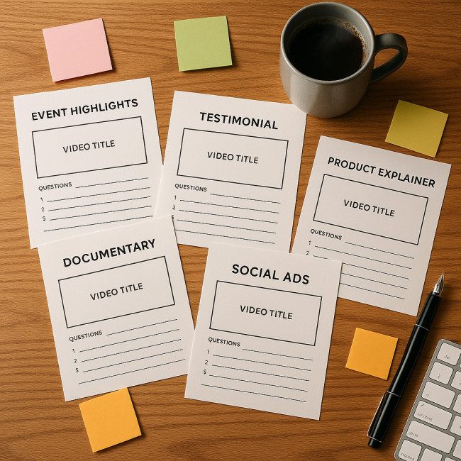 Printed video project templates on a desk