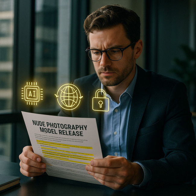 Recruiter examines privacy clauses in a nude model release document