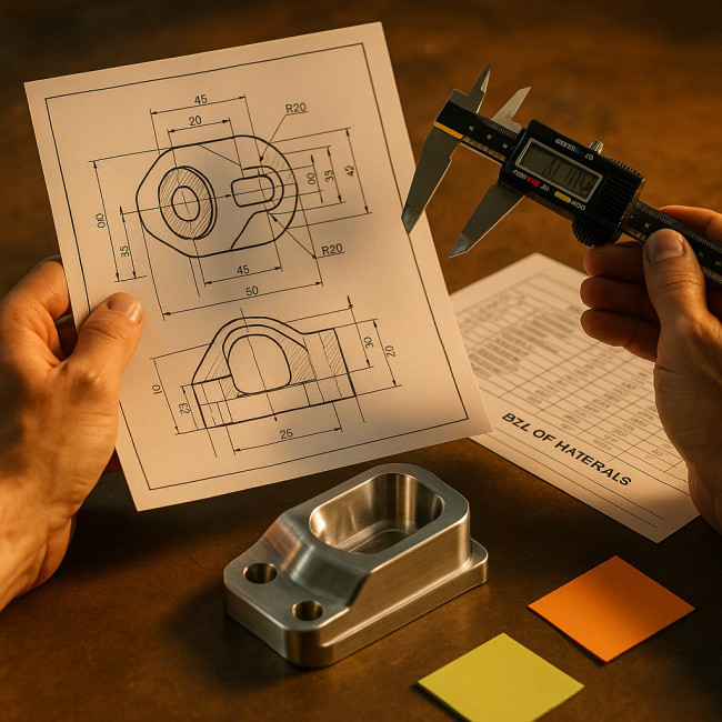 hands holding technical drawing and prototype