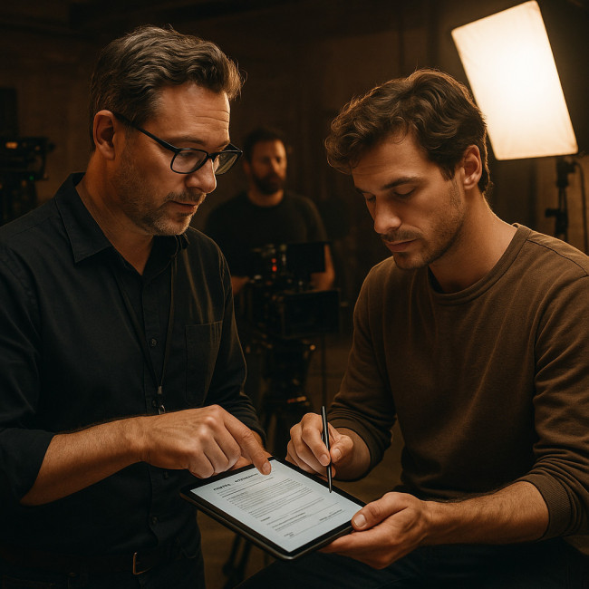 Film crew signing release forms on set