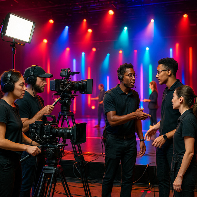 Crew of videographers and photographers coordinating on a live event set