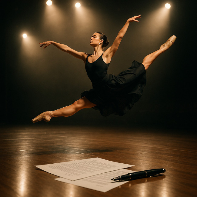 dancer leaping on stage with contract in foreground