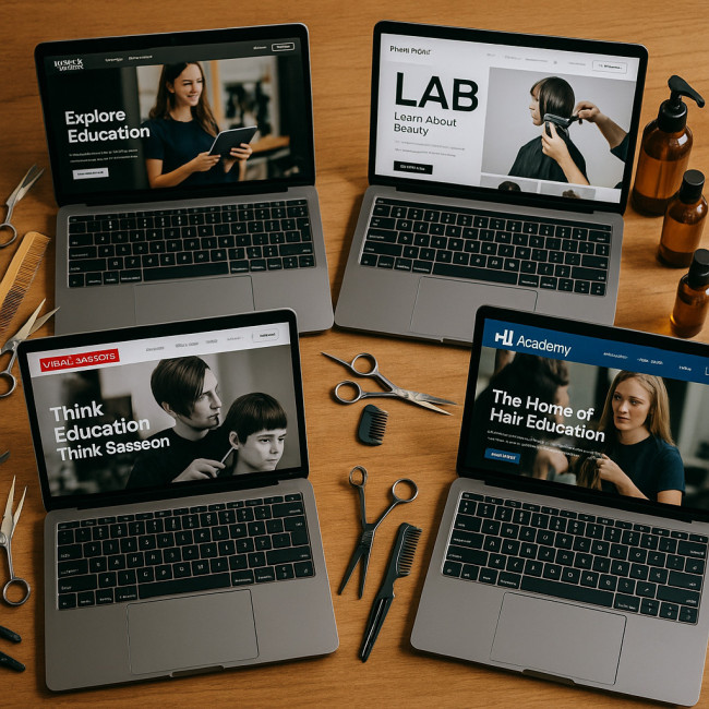 flat lay of laptops showing various hair academy platforms