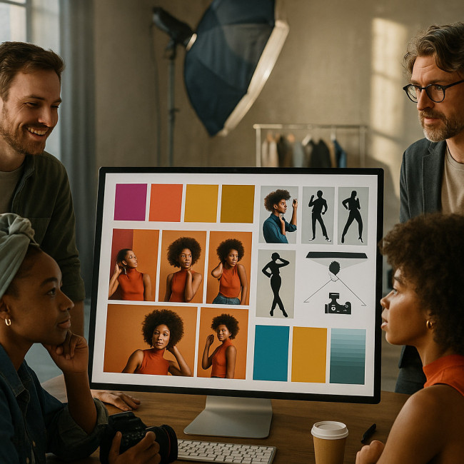 Creative team reviewing an online moodboard on a studio screen