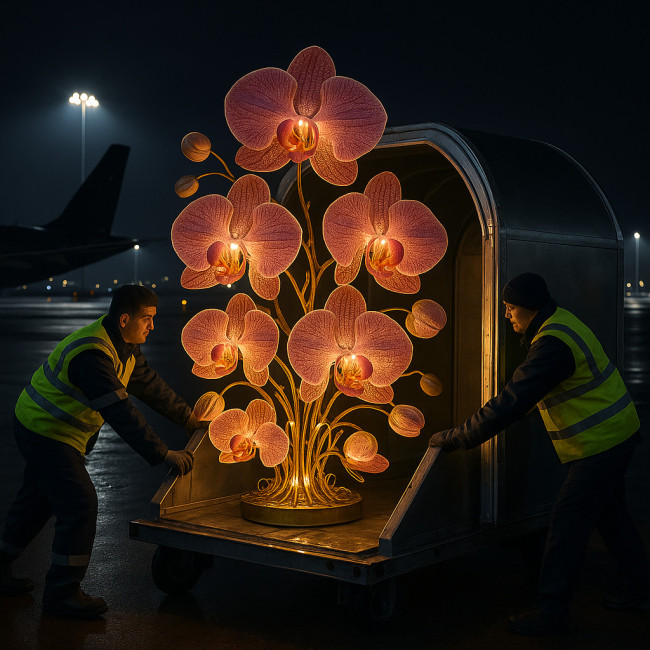 Orchid chandelier being loaded into a climate-controlled air freight container