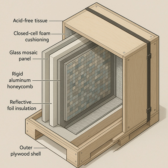 Cutaway diagram of five-layer crate for oversized mosaic