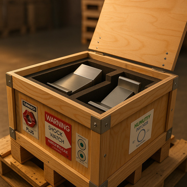 Retail props packed in a foam-lined crate with tilt and shock sensors