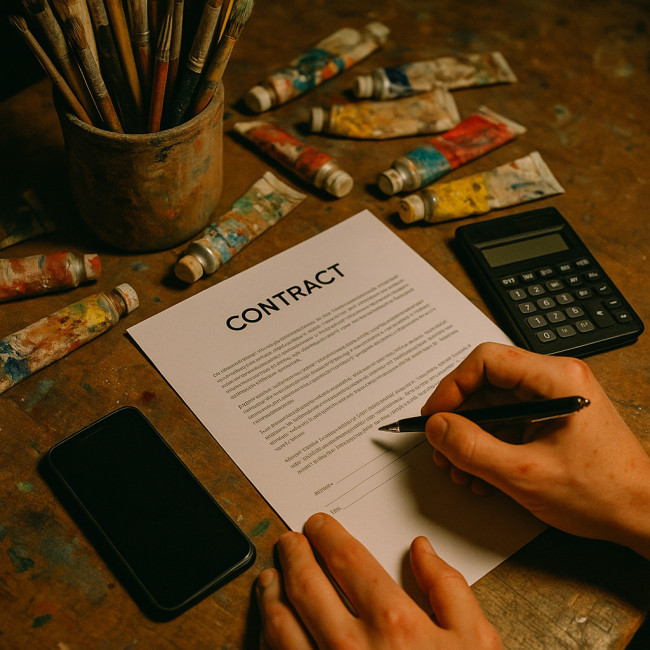 Contract and pay negotiation scene for a painter assistant
