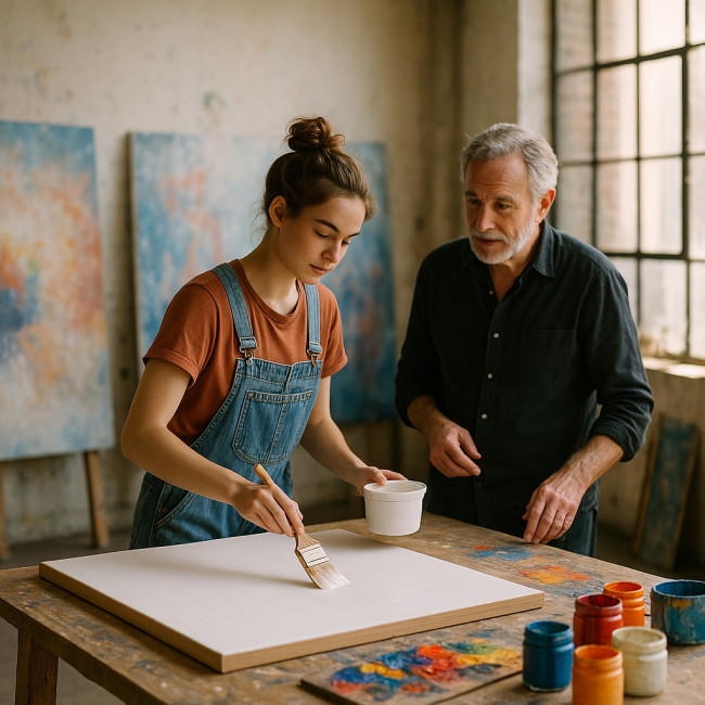 Painter assistant gessoing a canvas in a sunlit studio