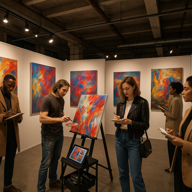 Illustration of a lively painter pop-up event observed by gallery scouts