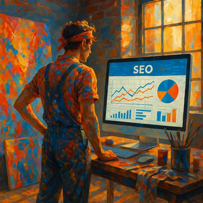 Painter studying SEO analytics in bright art studio