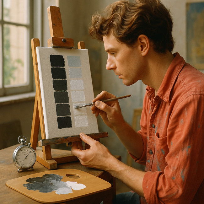 Painter creating value scale swatches during a timed workout.