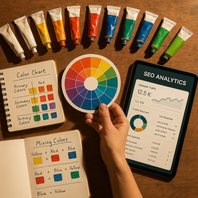 Art supplies and digital tools illustrating resources for palette mastery.