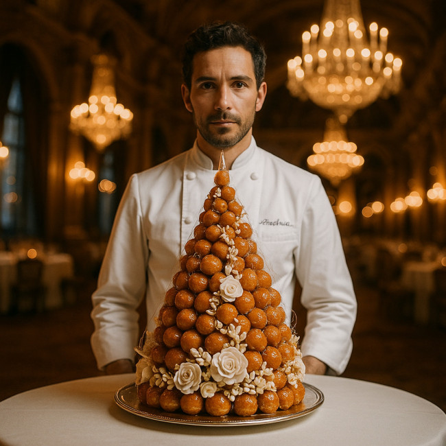 Pastry artist presenting croquembouche in a Paris venue