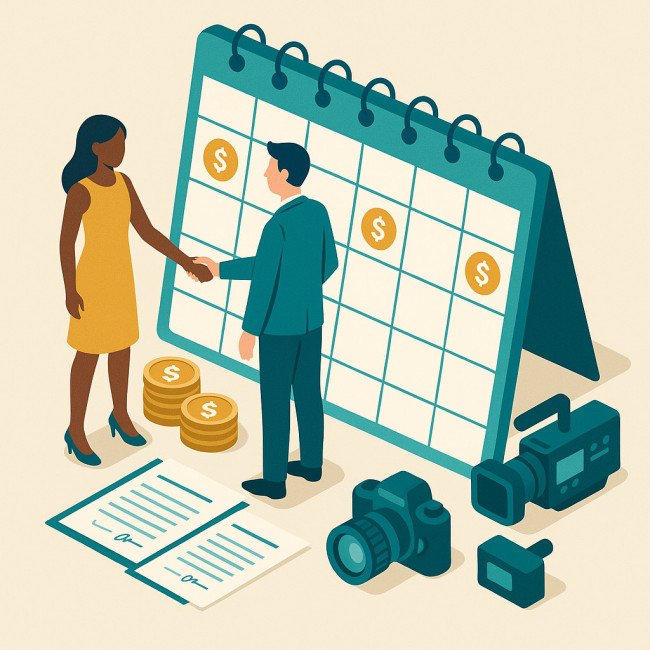 Model and client handshake beside calendar and coins