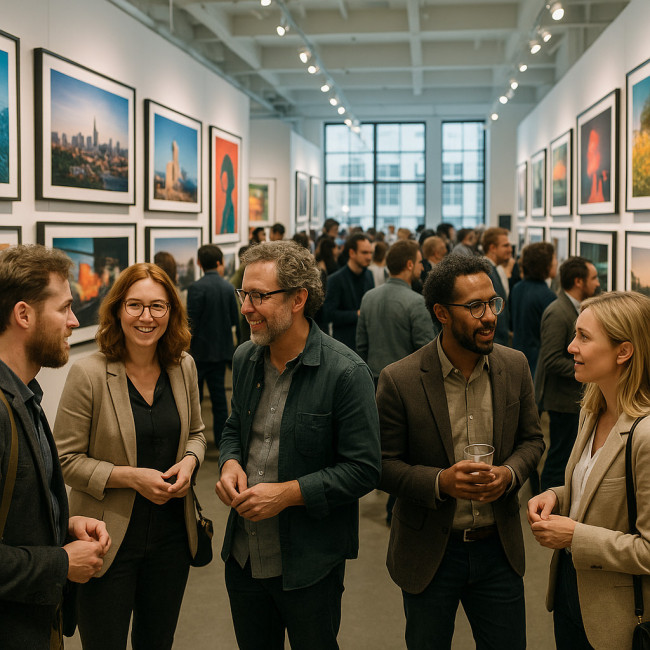 Photographers networking at a busy photo fair