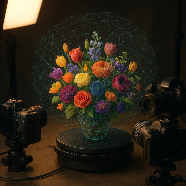 Bouquet on turntable with holographic 3D overlay for photogrammetry
