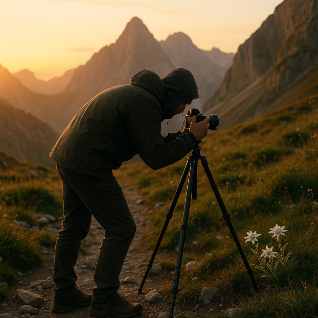 Photographer on rock path shooting alpine meadow responsibly