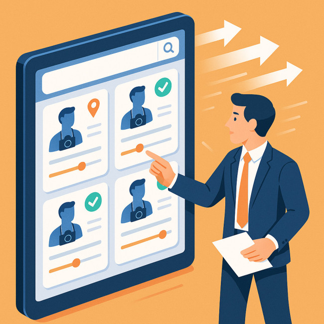 Illustration of recruiter using online directory filters and verified badges