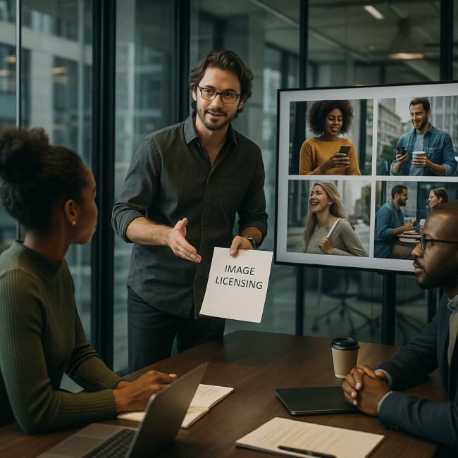 Photographer negotiating licensing fees with marketing team