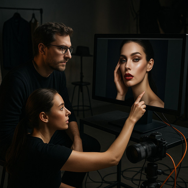 Photographer and makeup artist reviewing images together