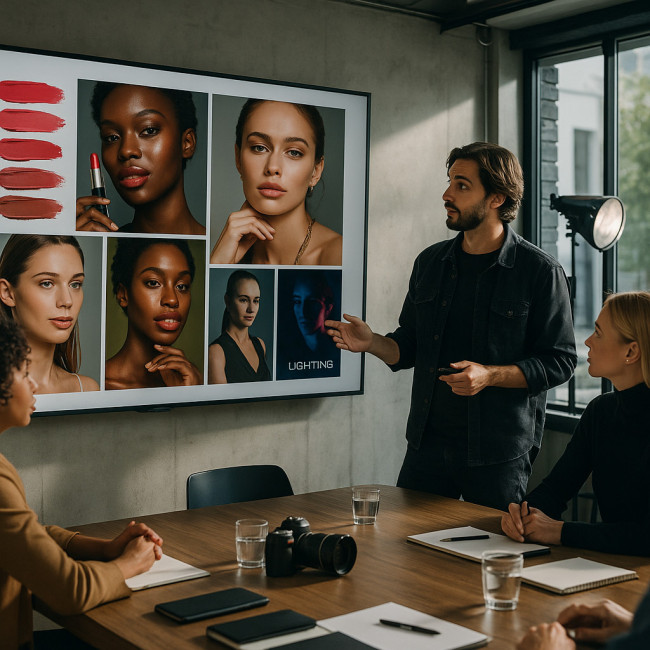 Photographer and client reviewing a cosmetics moodboard on screen