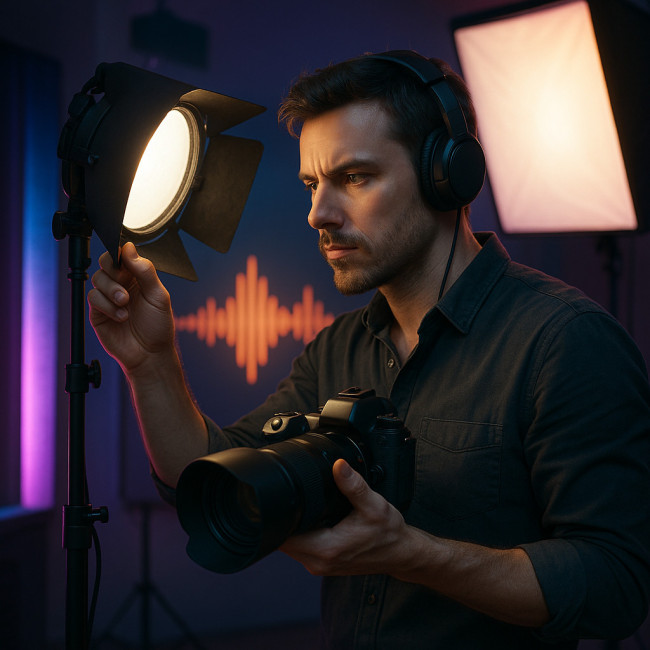 Photographer tweaks studio light while listening to podcast