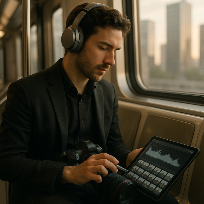 Photographer listening to a podcast while editing images during subway ride