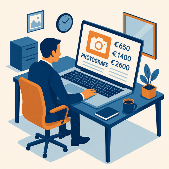 Recruiter viewing clear photographer pricing tiers on laptop illustration