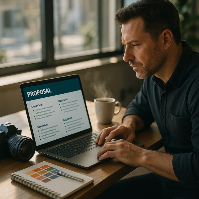 Event photographer drafting a proposal on a laptop