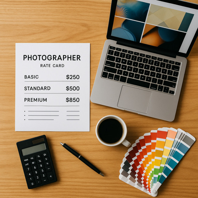 desk with photographer rate card and tools