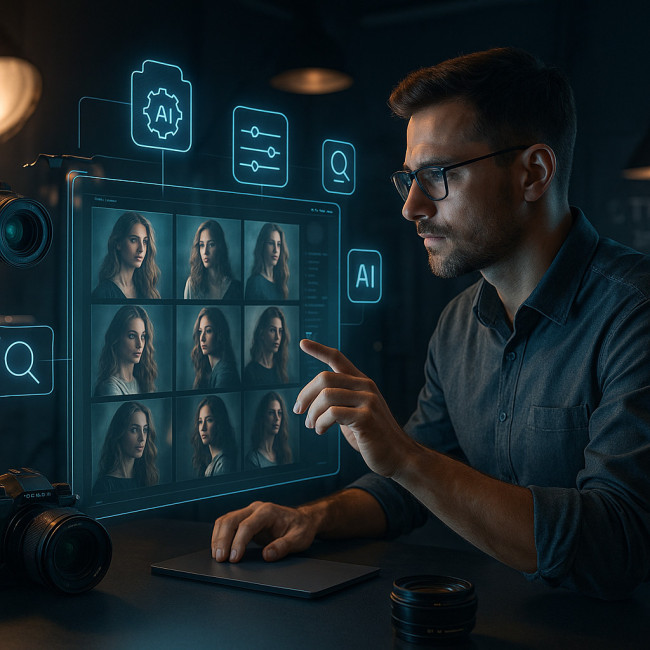 Photographer exploring new technology in 2025 studio