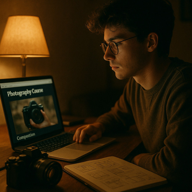 Photographer learning theory with laptop and camera on desk