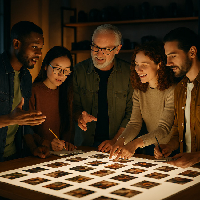 Group of photographers reviewing prints together
