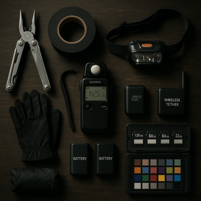 Flat lay of essential photography assistant kit