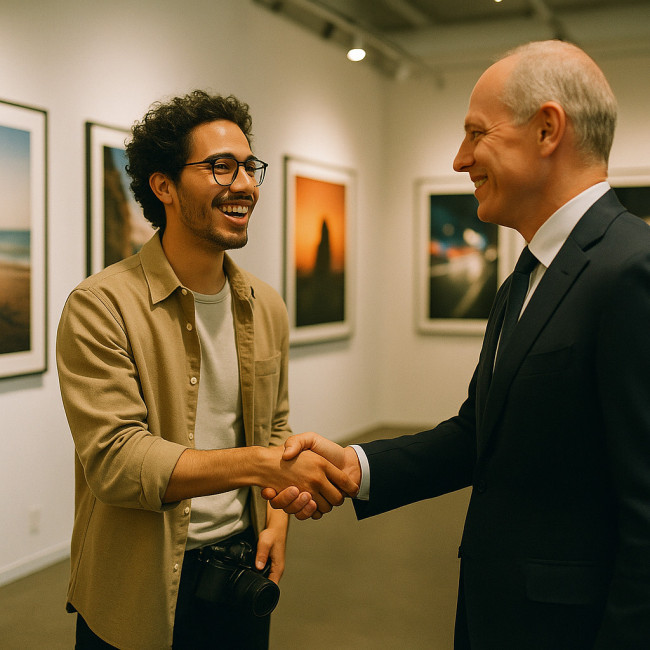 Photographer and sponsor shaking hands in a gallery setting