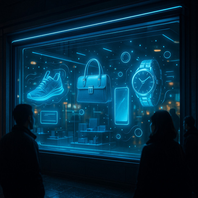AR retail shopfront with holographic products