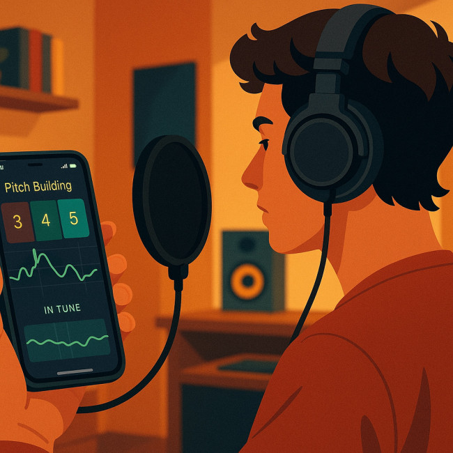 Vocalist using pitch-building app in home studio