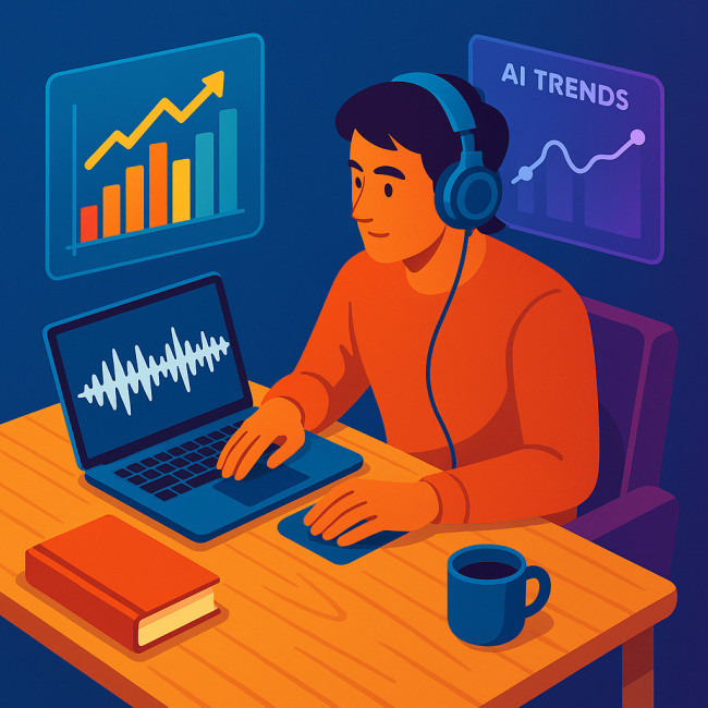 Author listening to publishing podcast with digital trend charts