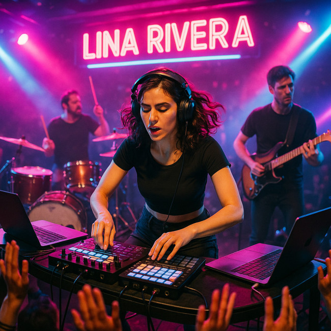 Lina Rivera leading a compact four-piece live act