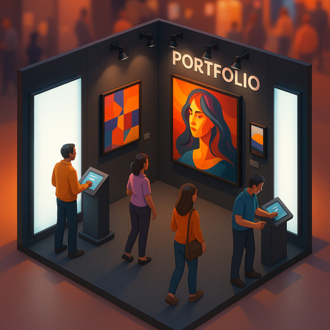 isometric illustration of a portfolio booth with strategic layout and lighting