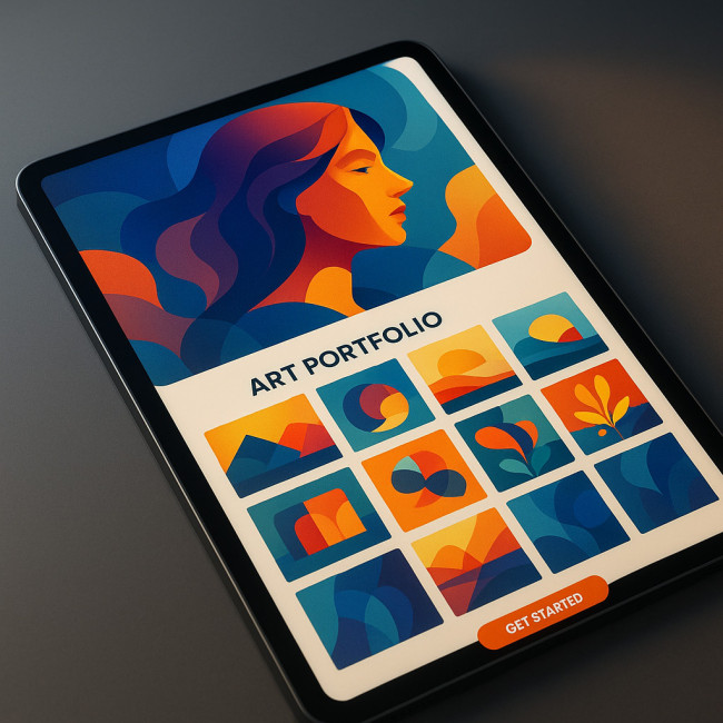 digital portfolio thumbnails perfectly sequenced on a tablet