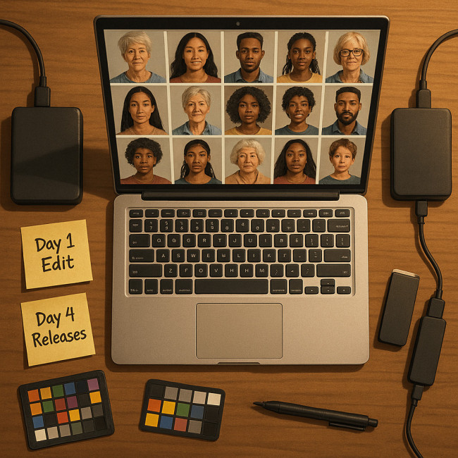 Desk with laptop and diverse portrait thumbnails