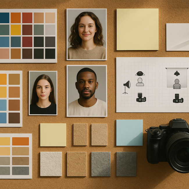 Flat lay of portrait photography mood board with swatches and reference images