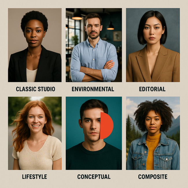 Collage showing six portrait photography styles