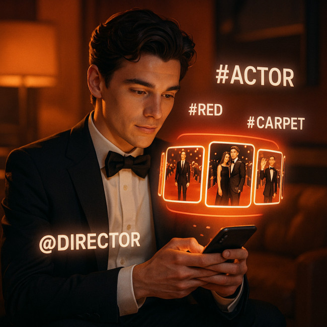 Actor amplifying red-carpet buzz on phone